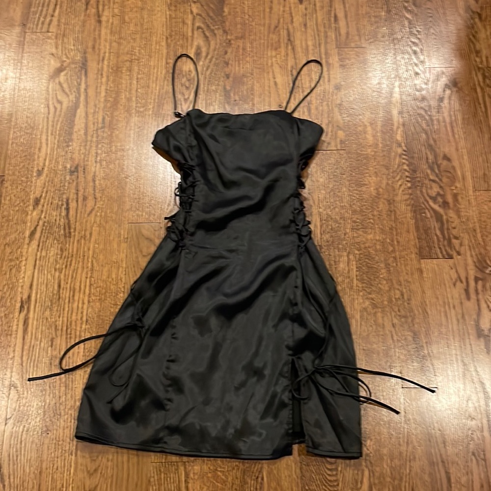 Lucy in the Sky black satin dress with lace up sides size small